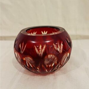 Vintage BOHEMIAN Crystal Ruby Red Cut to Clear Rose bowl Vase mid century